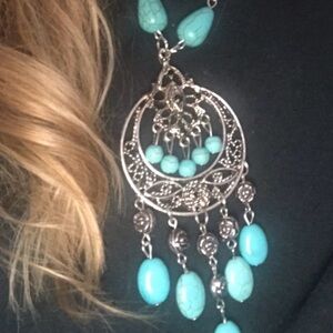 Silver and Turquoise Colored Beads Statement Necklace